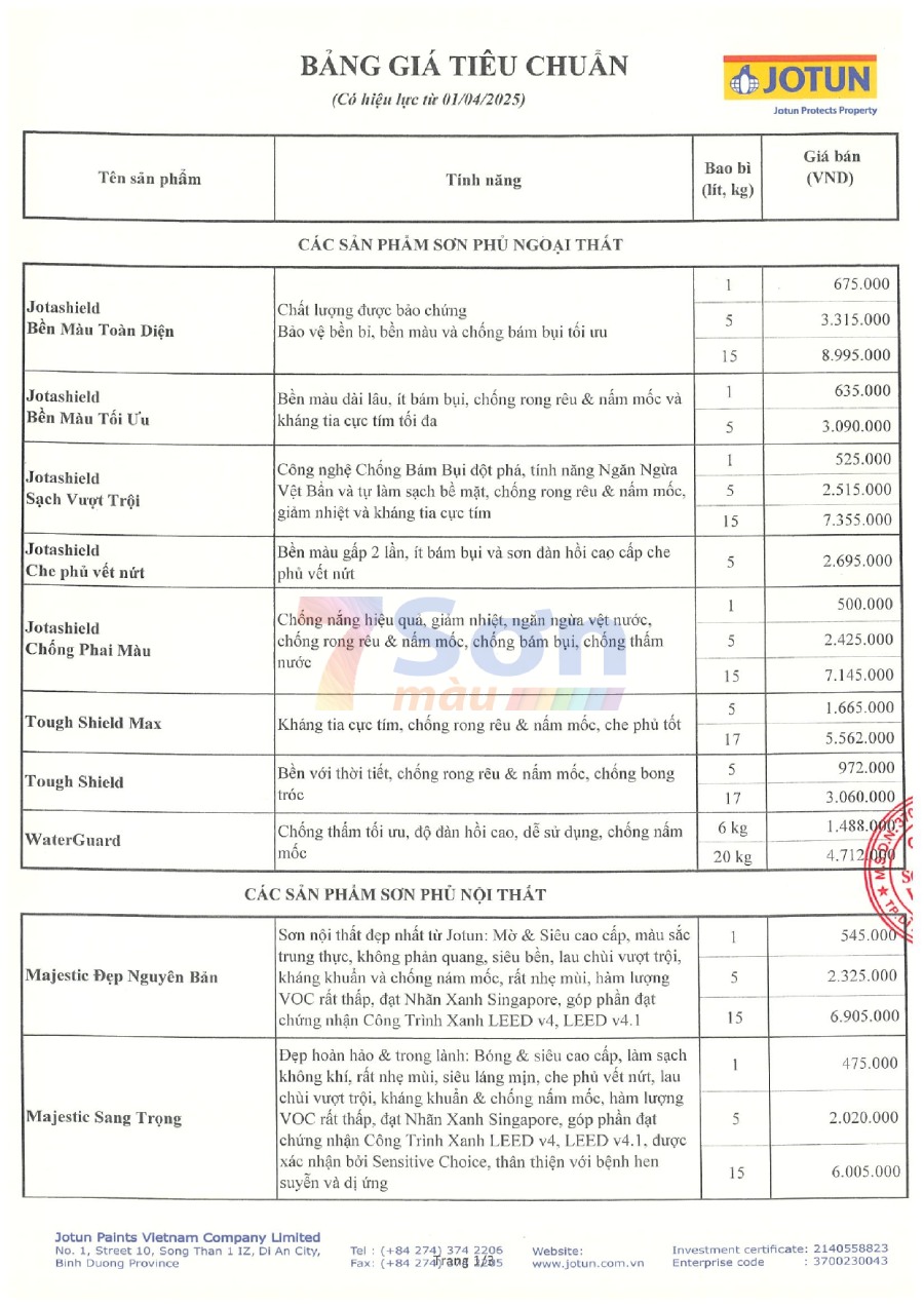 Bảng báo giá sơn Jotun trang trí mới cập nhật
